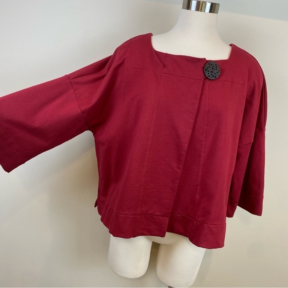 Neon Buddha Swing Jacket Deep Red Sz M Square Neck Oversized Cropped Wood Button - Picture 3 of 17